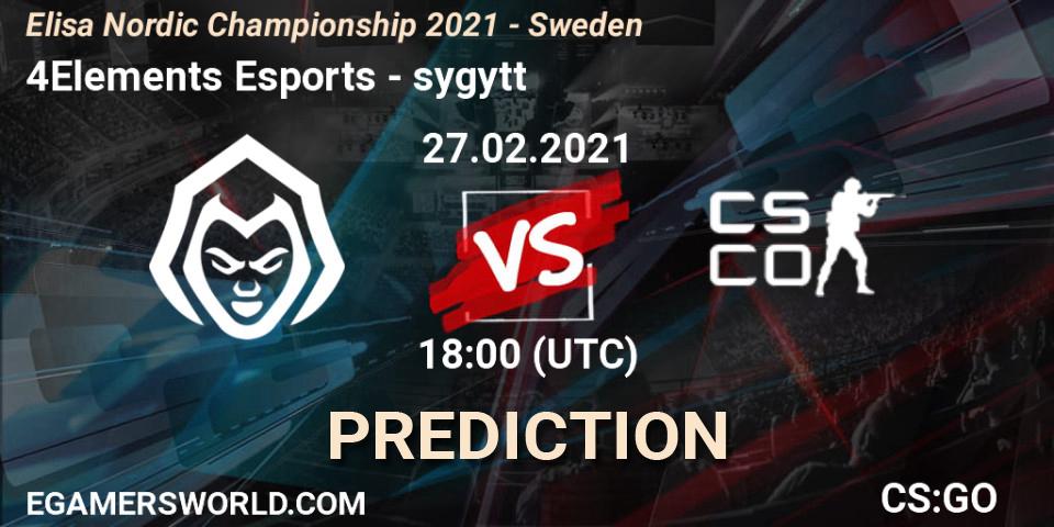 4Elements Esports vs sygytt: Betting TIp, Match Prediction. 27.02.2021 at 18:00. Counter-Strike (CS2), Elisa Nordic Championship 2021 - Sweden
