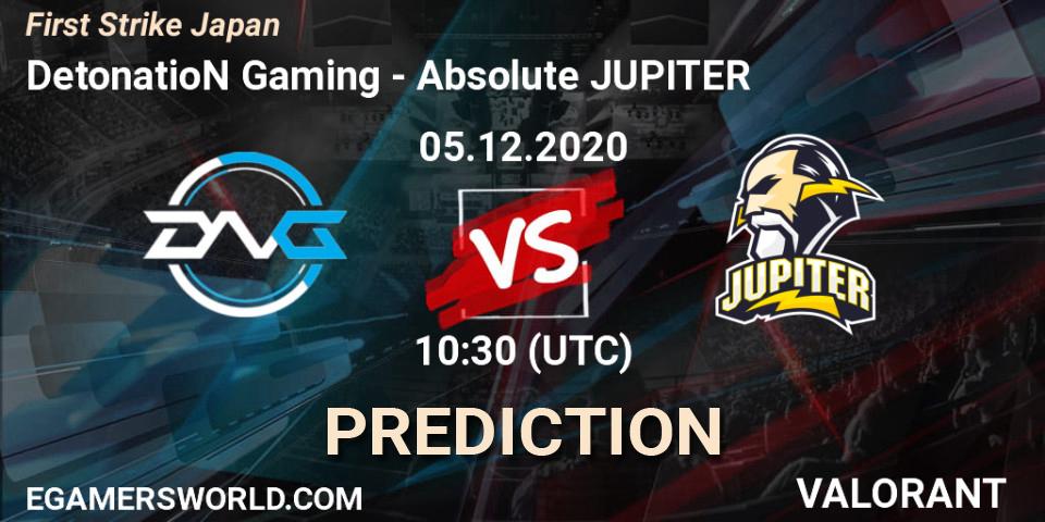 DetonatioN Gaming vs Absolute JUPITER: Betting TIp, Match Prediction. 05.12.2020 at 10:00. VALORANT, First Strike Japan