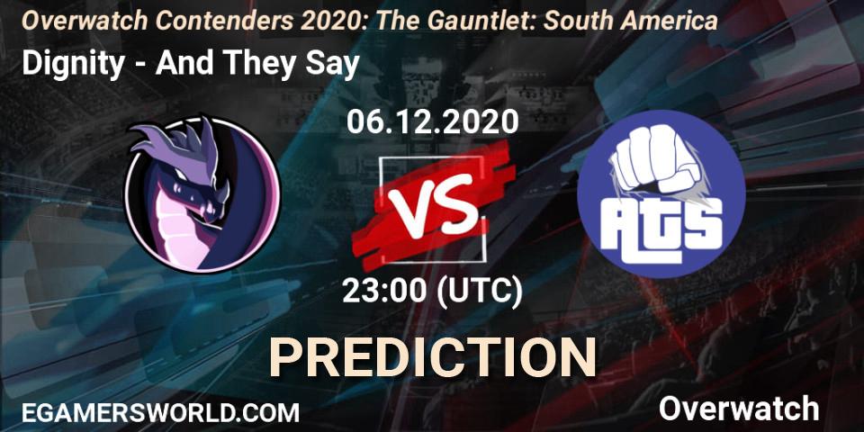 Dignity vs And They Say: Betting TIp, Match Prediction. 06.12.2020 at 23:00. Overwatch, Overwatch Contenders 2020: The Gauntlet: South America