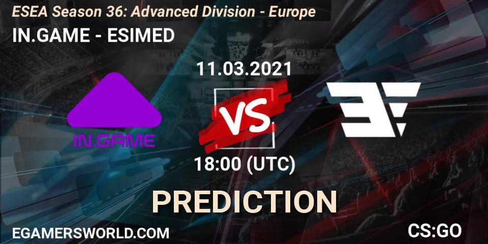 IN.GAME vs ESIMED: Betting TIp, Match Prediction. 11.03.2021 at 18:00. Counter-Strike (CS2), ESEA Season 36: Europe - Advanced Division