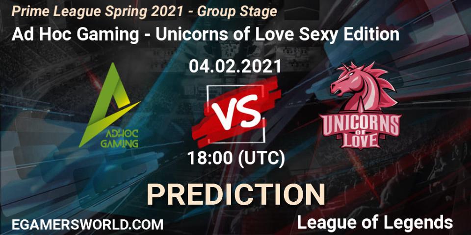 Ad Hoc Gaming vs Unicorns of Love Sexy Edition: Betting TIp, Match Prediction. 04.02.2021 at 18:10. LoL, Prime League Spring 2021 - Group Stage