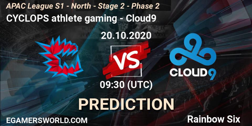 CYCLOPS athlete gaming vs Cloud9: Betting TIp, Match Prediction. 20.10.2020 at 09:30. Rainbow Six, APAC League S1 - North - Stage 2 - Phase 2