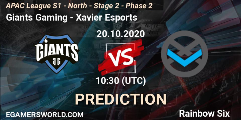 Giants Gaming vs Xavier Esports: Betting TIp, Match Prediction. 20.10.2020 at 10:30. Rainbow Six, APAC League S1 - North - Stage 2 - Phase 2