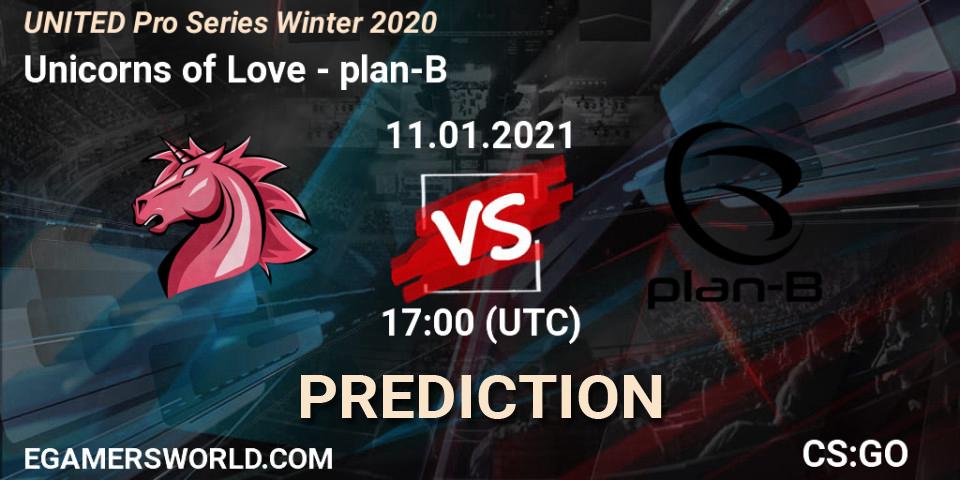 Unicorns of Love vs plan-B: Betting TIp, Match Prediction. 11.01.2021 at 17:00. Counter-Strike (CS2), UNITED Pro Series Winter 2020