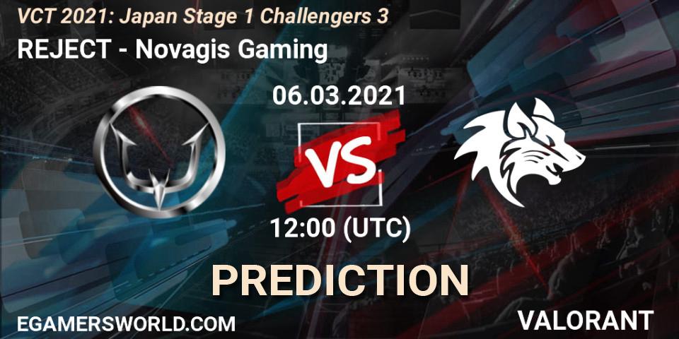 REJECT vs Novagis Gaming: Betting TIp, Match Prediction. 06.03.2021 at 12:40. VALORANT, VCT 2021: Japan Stage 1 Challengers 3