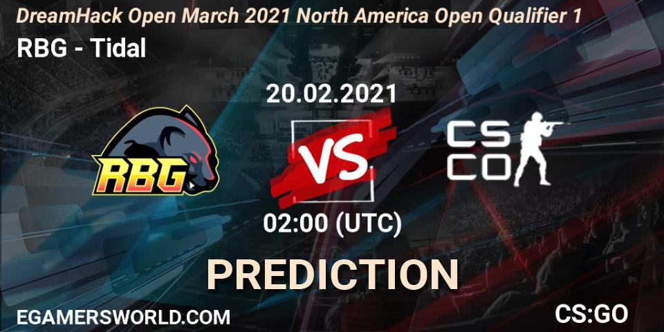 RBG vs Tidal: Betting TIp, Match Prediction. 20.02.2021 at 02:10. Counter-Strike (CS2), DreamHack Open March 2021 North America Open Qualifier 1