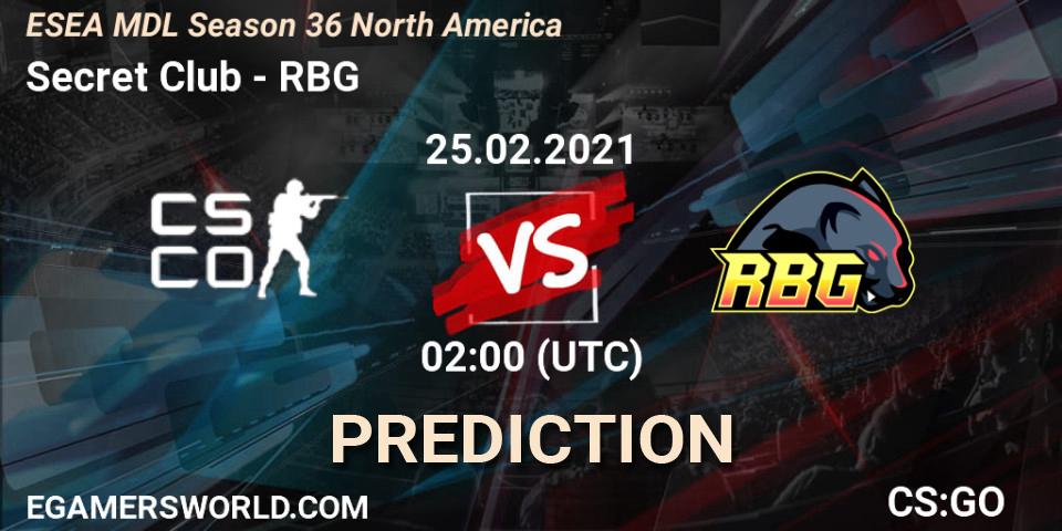Secret Club vs RBG: Betting TIp, Match Prediction. 25.02.2021 at 02:00. Counter-Strike (CS2), MDL ESEA Season 36: North America - Premier Division