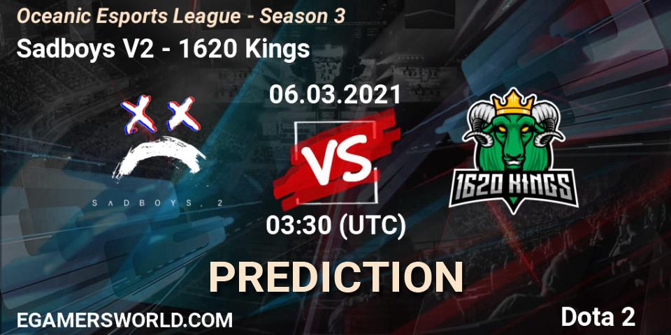 Sadboys V2 vs 1620 Kings: Betting TIp, Match Prediction. 06.03.2021 at 03:30. Dota 2, Oceanic Esports League - Season 3