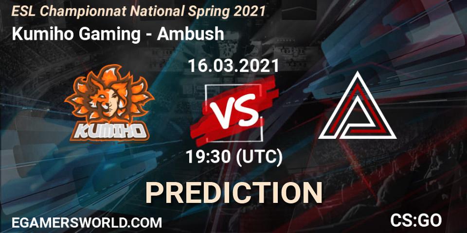 Kumiho Gaming vs Ambush: Betting TIp, Match Prediction. 16.03.2021 at 19:30. Counter-Strike (CS2), ESL Championnat National Spring 2021