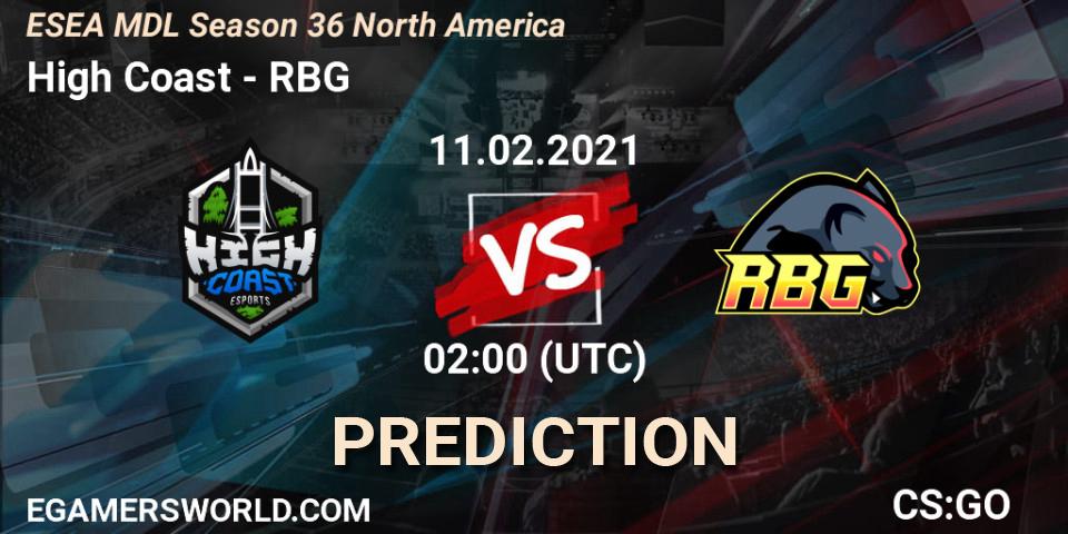 High Coast vs RBG: Betting TIp, Match Prediction. 11.02.2021 at 02:00. Counter-Strike (CS2), MDL ESEA Season 36: North America - Premier Division