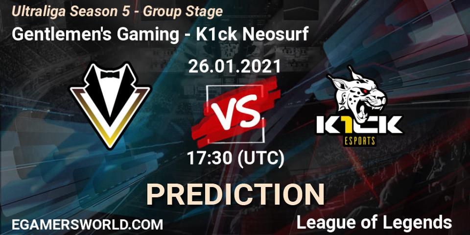 Gentlemen's Gaming vs K1ck Neosurf: Betting TIp, Match Prediction. 26.01.2021 at 17:30. LoL, Ultraliga Season 5 - Group Stage