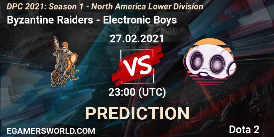 Byzantine Raiders vs Electronic Boys: Betting TIp, Match Prediction. 27.02.2021 at 23:04. Dota 2, DPC 2021: Season 1 - North America Lower Division