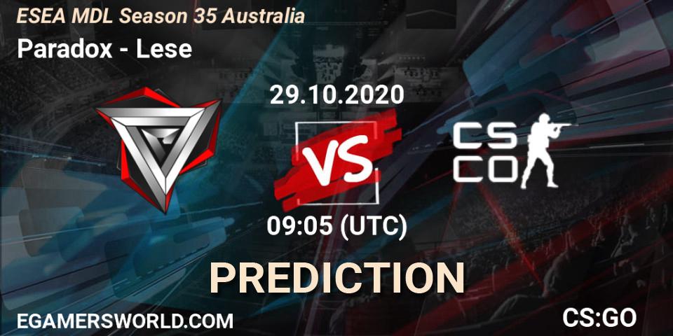 Paradox vs Lese: Betting TIp, Match Prediction. 29.10.2020 at 09:05. Counter-Strike (CS2), ESEA MDL Season 35 Australia
