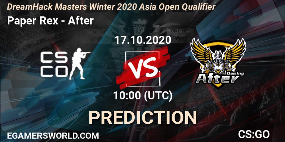 Paper Rex vs After: Betting TIp, Match Prediction. 17.10.20. CS2 (CS:GO), DreamHack Masters Winter 2020 Asia Open Qualifier