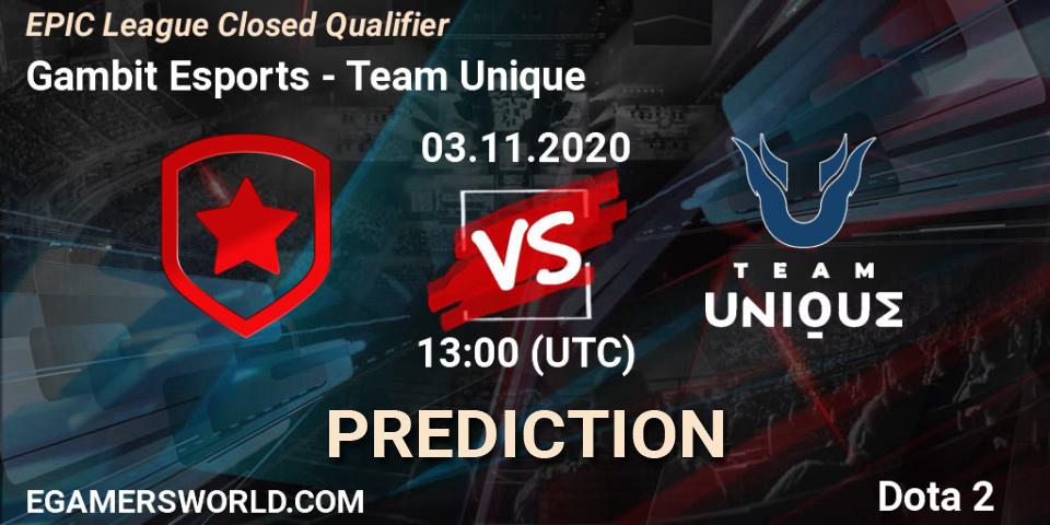 Gambit Esports vs Team Unique: Betting TIp, Match Prediction. 03.11.2020 at 15:00. Dota 2, EPIC League Closed Qualifier