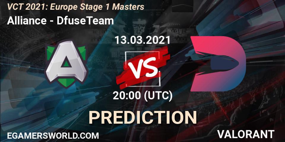 Alliance vs DfuseTeam: Betting TIp, Match Prediction. 13.03.2021 at 19:00. VALORANT, VCT 2021: Europe Stage 1 Masters