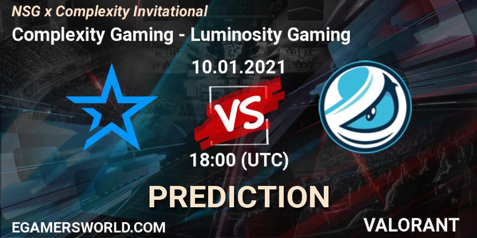 Complexity Gaming vs Luminosity Gaming: Betting TIp, Match Prediction. 10.01.2021 at 18:00. VALORANT, NSG x Complexity Invitational