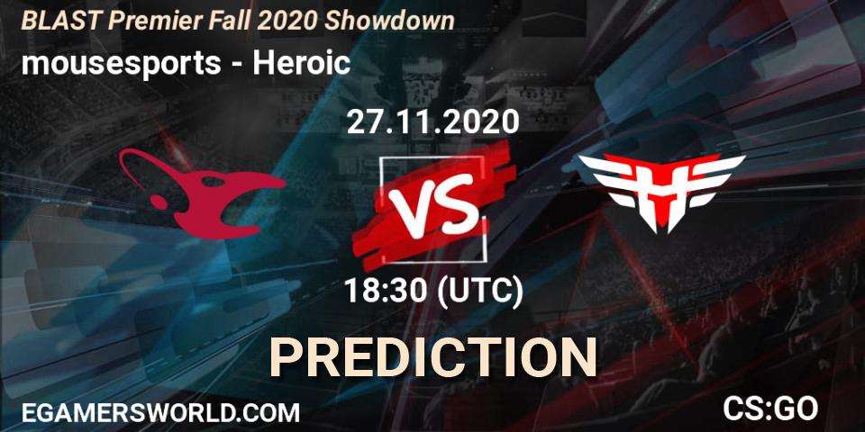 mousesports vs Heroic: Betting TIp, Match Prediction. 27.11.2020 at 19:15. Counter-Strike (CS2), BLAST Premier Fall 2020 Showdown