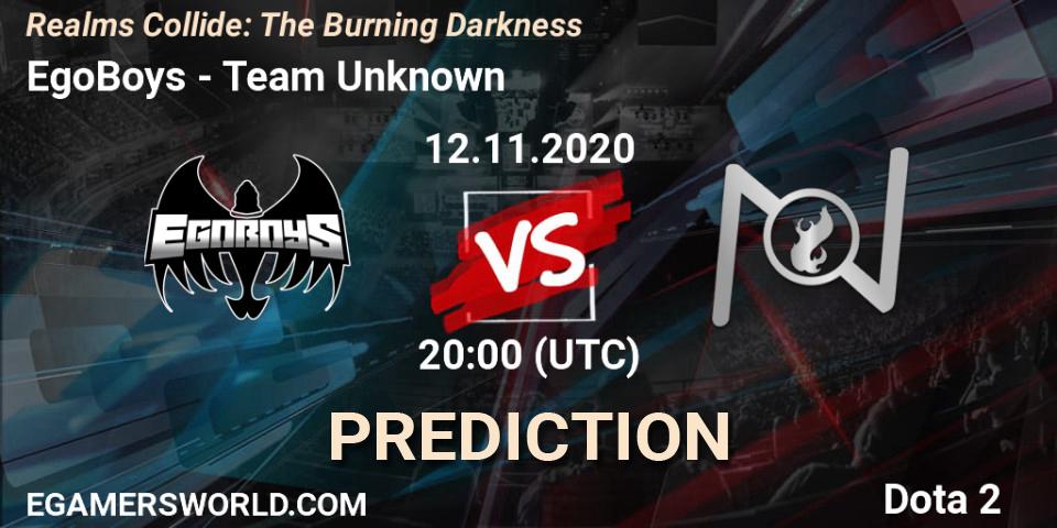 EgoBoys vs Team Unknown: Betting TIp, Match Prediction. 12.11.2020 at 20:14. Dota 2, Realms Collide: The Burning Darkness