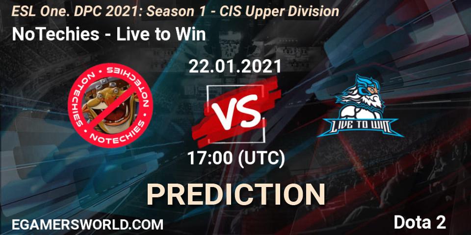NoTechies vs Live to Win: Betting TIp, Match Prediction. 22.01.2021 at 17:34. Dota 2, ESL One. DPC 2021: Season 1 - CIS Upper Division
