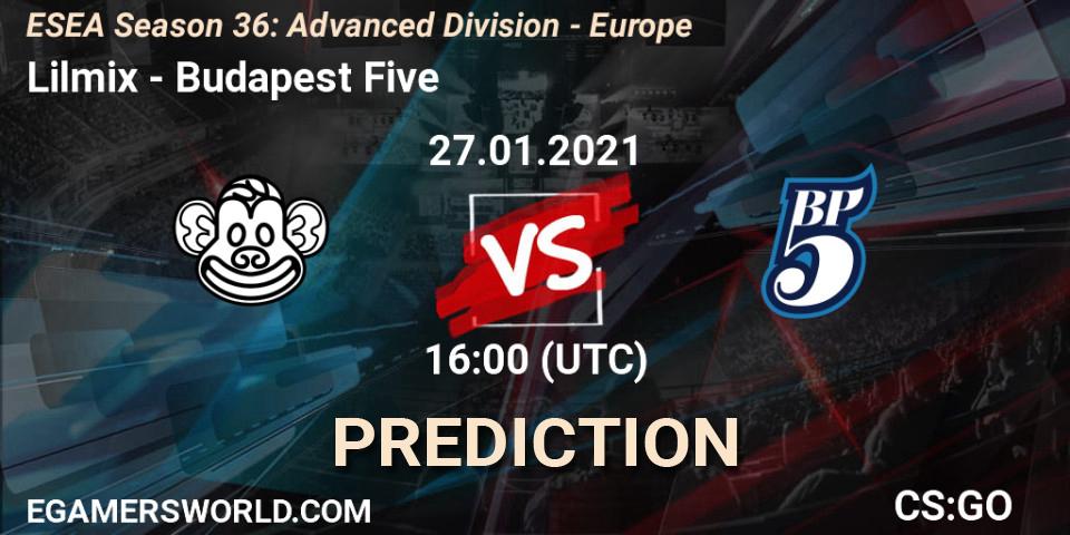 Lilmix vs Budapest Five: Betting TIp, Match Prediction. 27.01.2021 at 18:00. Counter-Strike (CS2), ESEA Season 36: Europe - Advanced Division
