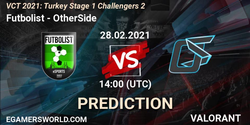 Futbolist vs OtherSide: Betting TIp, Match Prediction. 28.02.2021 at 14:00. VALORANT, VCT 2021: Turkey Stage 1 Challengers 2