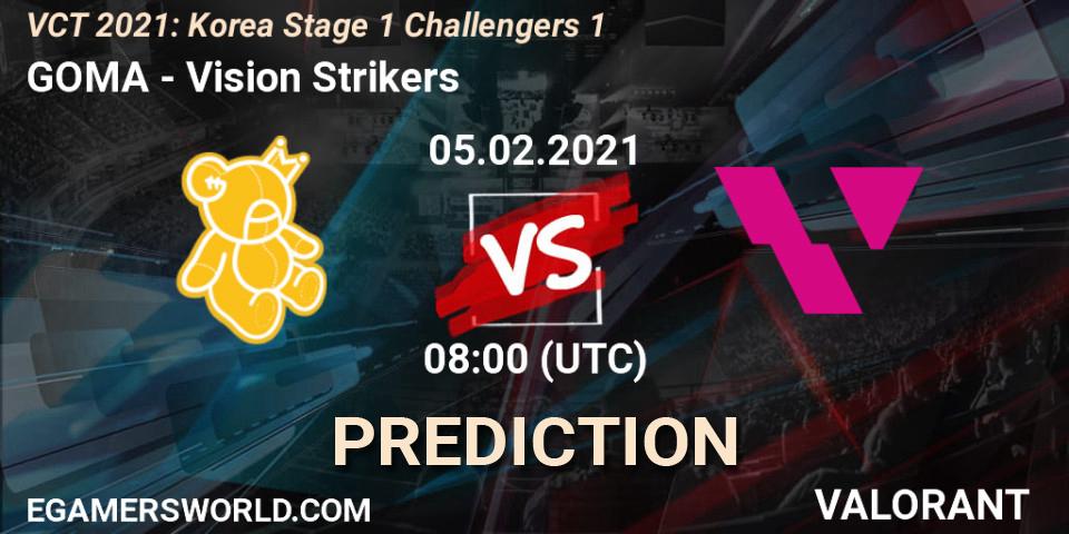 GOMA vs Vision Strikers: Betting TIp, Match Prediction. 05.02.2021 at 12:00. VALORANT, VCT 2021: Korea Stage 1 Challengers 1