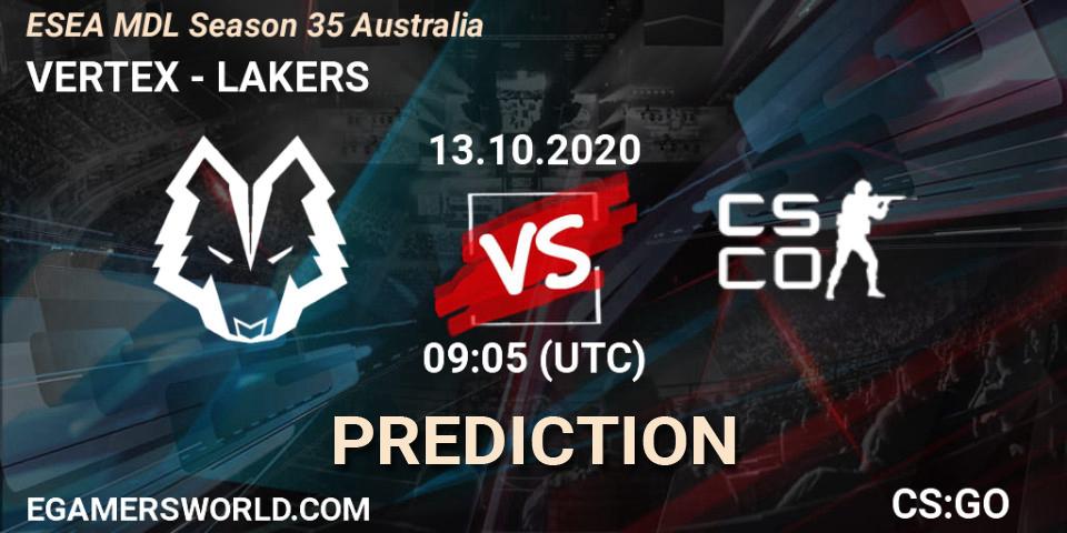 VERTEX vs LAKERS: Betting TIp, Match Prediction. 13.10.2020 at 09:05. Counter-Strike (CS2), ESEA MDL Season 35 Australia