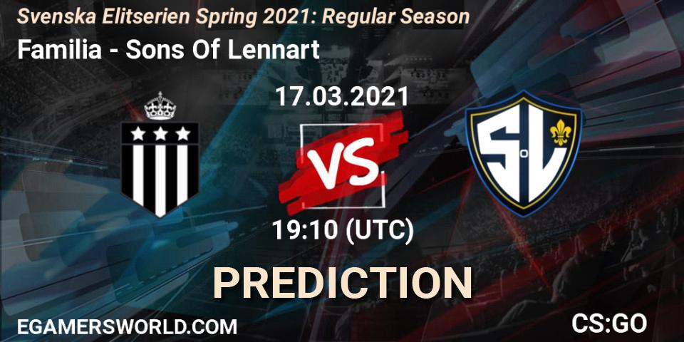 Familia vs Sons Of Lennart: Betting TIp, Match Prediction. 17.03.2021 at 19:10. Counter-Strike (CS2), Svenska Elitserien Spring 2021: Regular Season