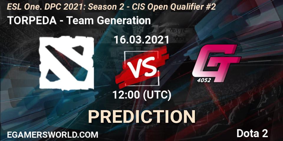 TOPREDA vs Team Generation: Betting TIp, Match Prediction. 16.03.2021 at 12:08. Dota 2, ESL One. DPC 2021: Season 2 - CIS Open Qualifier #2