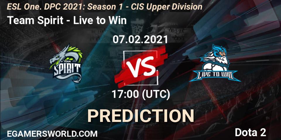 Team Spirit vs Live to Win: Betting TIp, Match Prediction. 07.02.2021 at 16:56. Dota 2, ESL One. DPC 2021: Season 1 - CIS Upper Division