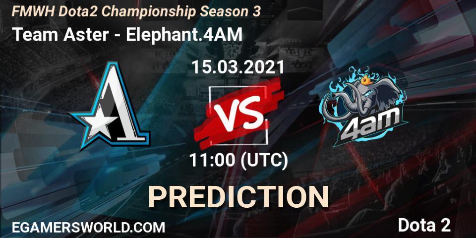 Team Aster vs Elephant.4AM: Betting TIp, Match Prediction. 15.03.2021 at 10:55. Dota 2, FMWH Dota2 Championship Season 3