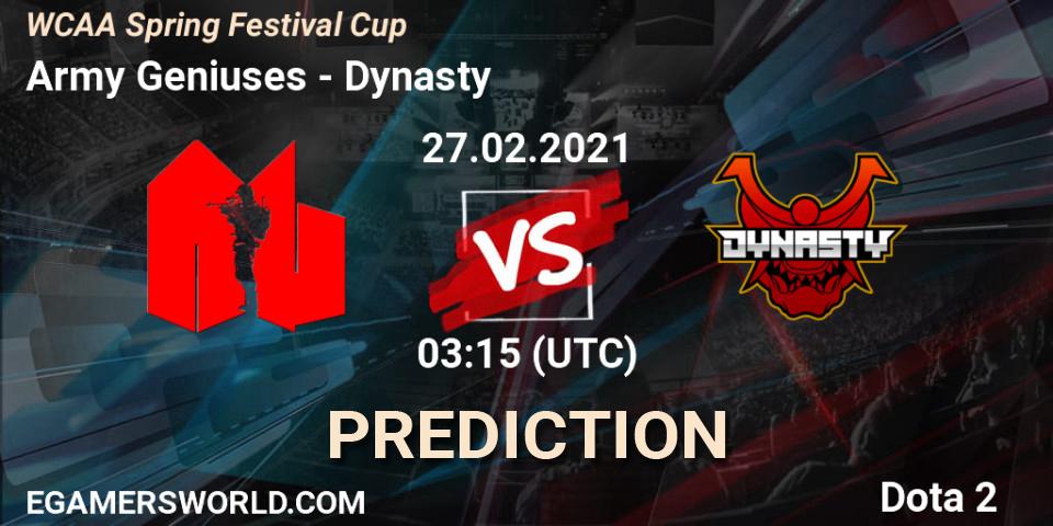 Army Geniuses vs Dynasty: Betting TIp, Match Prediction. 27.02.2021 at 03:17. Dota 2, WCAA Spring Festival Cup