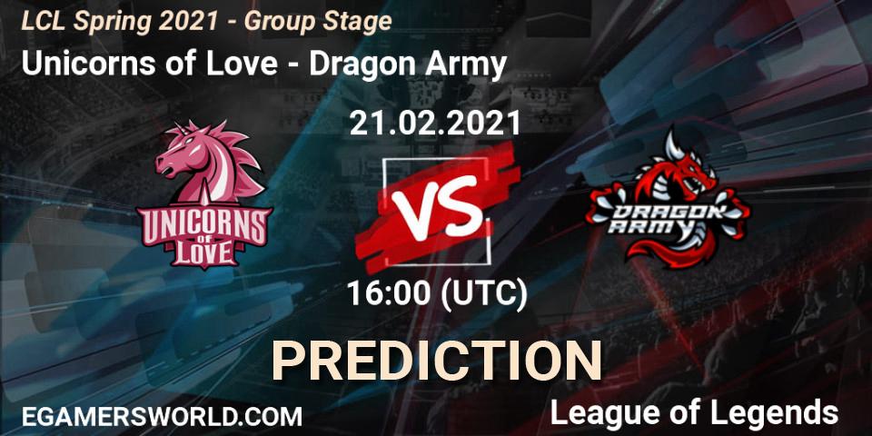 Unicorns of Love vs Dragon Army: Betting TIp, Match Prediction. 21.02.2021 at 16:00. LoL, LCL Spring 2021 - Group Stage