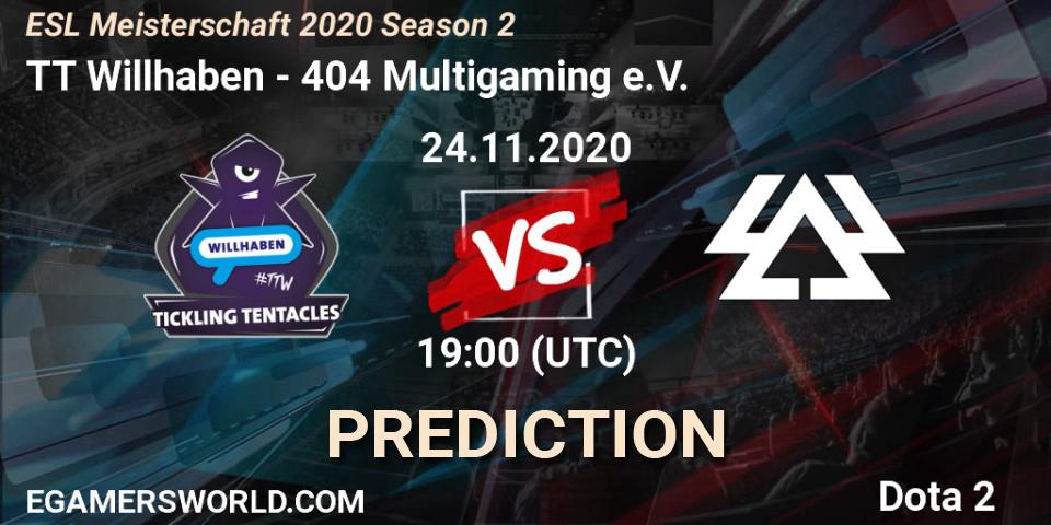 TT Willhaben vs 404 Multigaming e.V.: Betting TIp, Match Prediction. 24.11.2020 at 19:30. Dota 2, ESL Meisterschaft 2020 Season 2