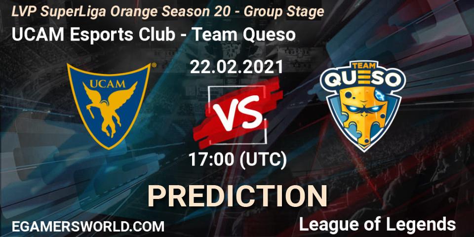 UCAM Esports Club vs Team Queso: Betting TIp, Match Prediction. 22.02.2021 at 17:00. LoL, LVP SuperLiga Orange Season 20 - Group Stage