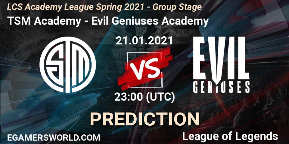TSM Academy vs Evil Geniuses Academy: Betting TIp, Match Prediction. 21.01.2021 at 23:15. LoL, LCS Academy League Spring 2021 - Group Stage