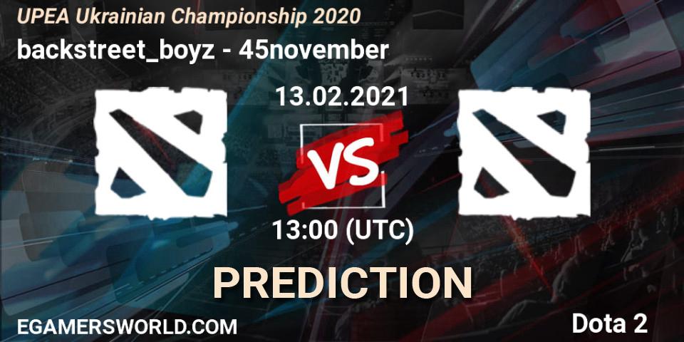 backstreet_boyz vs 45november: Betting TIp, Match Prediction. 06.03.2021 at 13:40. Dota 2, UPEA Ukrainian Championship 2020