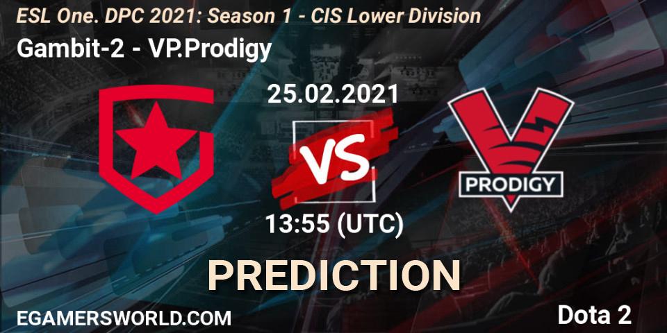 Gambit-2 vs VP.Prodigy: Betting TIp, Match Prediction. 25.02.2021 at 13:55. Dota 2, ESL One. DPC 2021: Season 1 - CIS Lower Division
