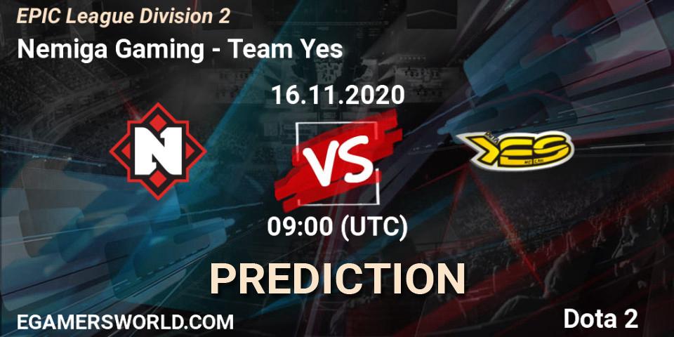 Nemiga Gaming vs Team Yes: Betting TIp, Match Prediction. 16.11.2020 at 09:10. Dota 2, EPIC League Division 2