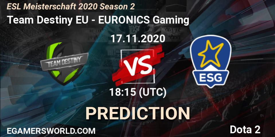 Team Destiny EU vs EURONICS Gaming: Betting TIp, Match Prediction. 17.11.2020 at 20:21. Dota 2, ESL Meisterschaft 2020 Season 2