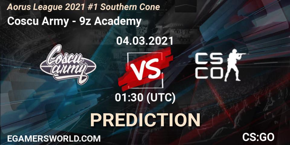 Coscu Army vs 9z Academy: Betting TIp, Match Prediction. 04.03.2021 at 01:00. Counter-Strike (CS2), Aorus League 2021 #1 Southern Cone