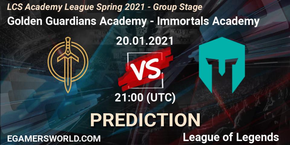 Golden Guardians Academy vs Immortals Academy: Betting TIp, Match Prediction. 20.01.2021 at 21:00. LoL, LCS Academy League Spring 2021 - Group Stage
