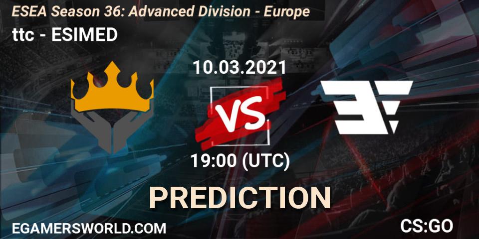 ttc vs ESIMED: Betting TIp, Match Prediction. 10.03.2021 at 19:00. Counter-Strike (CS2), ESEA Season 36: Europe - Advanced Division
