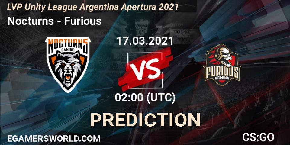 Nocturns vs Furious: Betting TIp, Match Prediction. 17.03.2021 at 02:00. Counter-Strike (CS2), LVP Unity League Argentina Apertura 2021