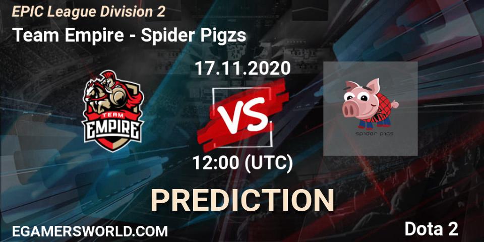 Team Empire vs Spider Pigzs: Betting TIp, Match Prediction. 17.11.2020 at 11:07. Dota 2, EPIC League Division 2