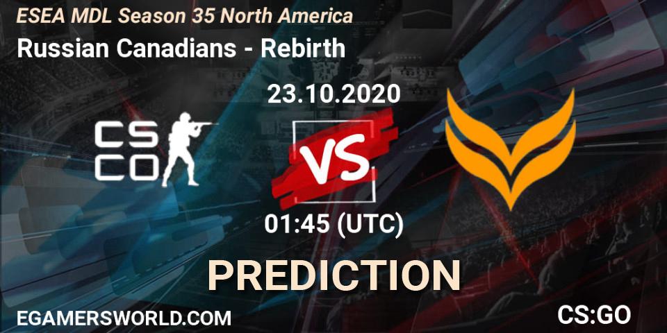 Russian Canadians vs Rebirth: Betting TIp, Match Prediction. 31.10.2020 at 01:00. Counter-Strike (CS2), ESEA MDL Season 35 North America