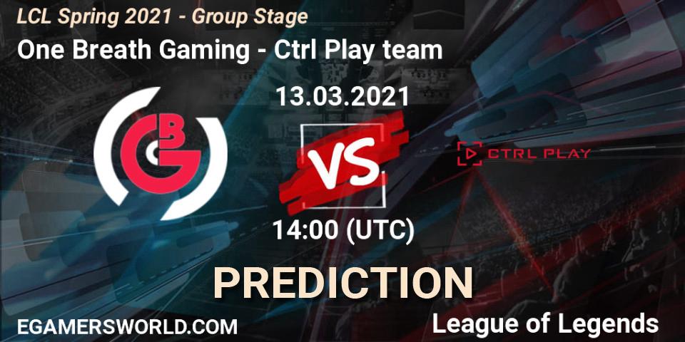 One Breath Gaming vs Ctrl Play team: Betting TIp, Match Prediction. 13.03.2021 at 14:00. LoL, LCL Spring 2021 - Group Stage