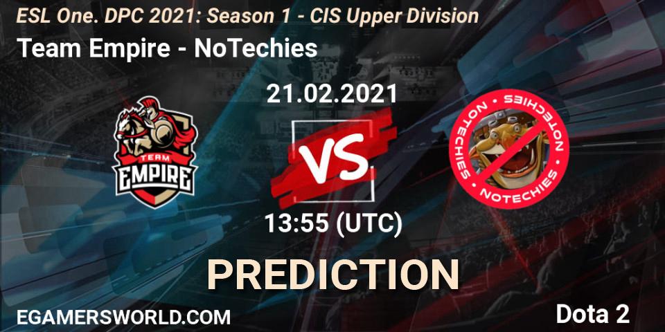 Team Empire vs NoTechies: Betting TIp, Match Prediction. 21.02.2021 at 13:55. Dota 2, ESL One. DPC 2021: Season 1 - CIS Upper Division