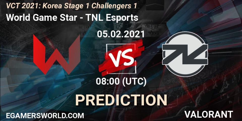 World Game Star vs TNL Esports: Betting TIp, Match Prediction. 05.02.2021 at 08:00. VALORANT, VCT 2021: Korea Stage 1 Challengers 1